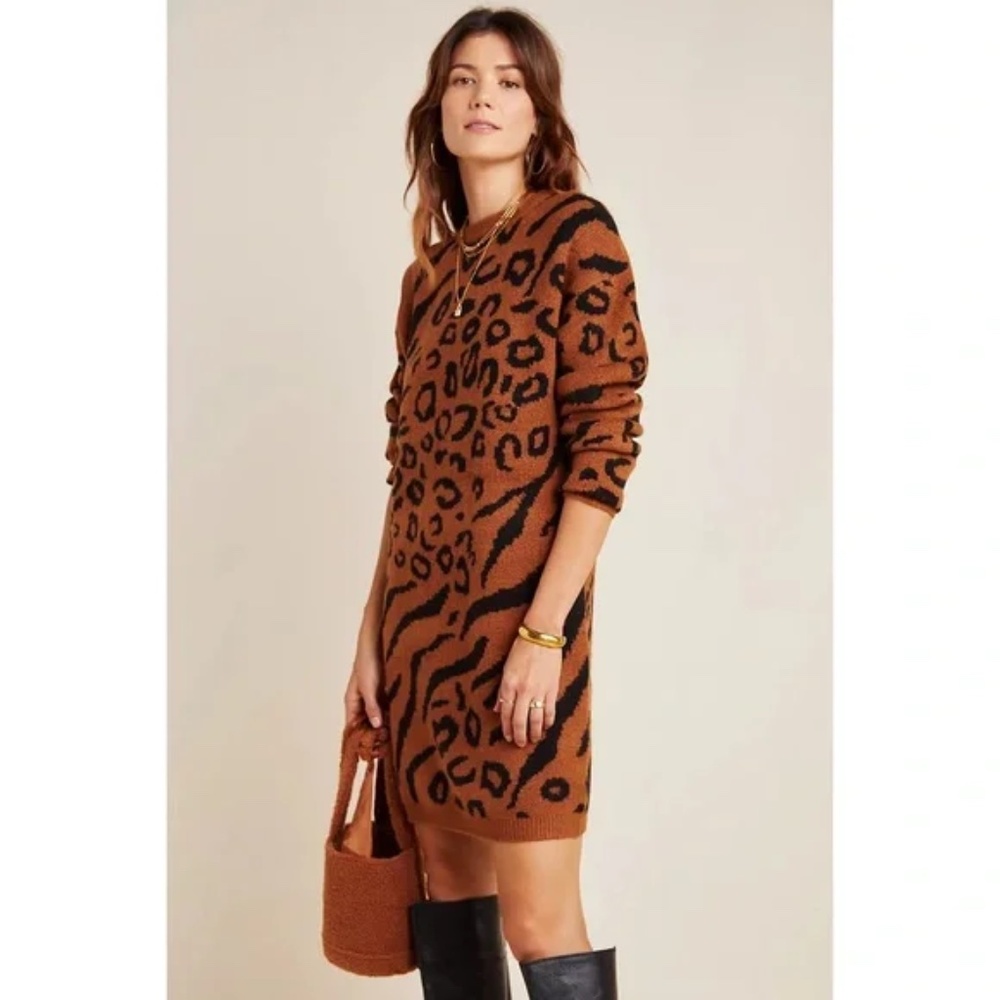 Anthropologie Animal Print Sweater Dress - Petite Medium